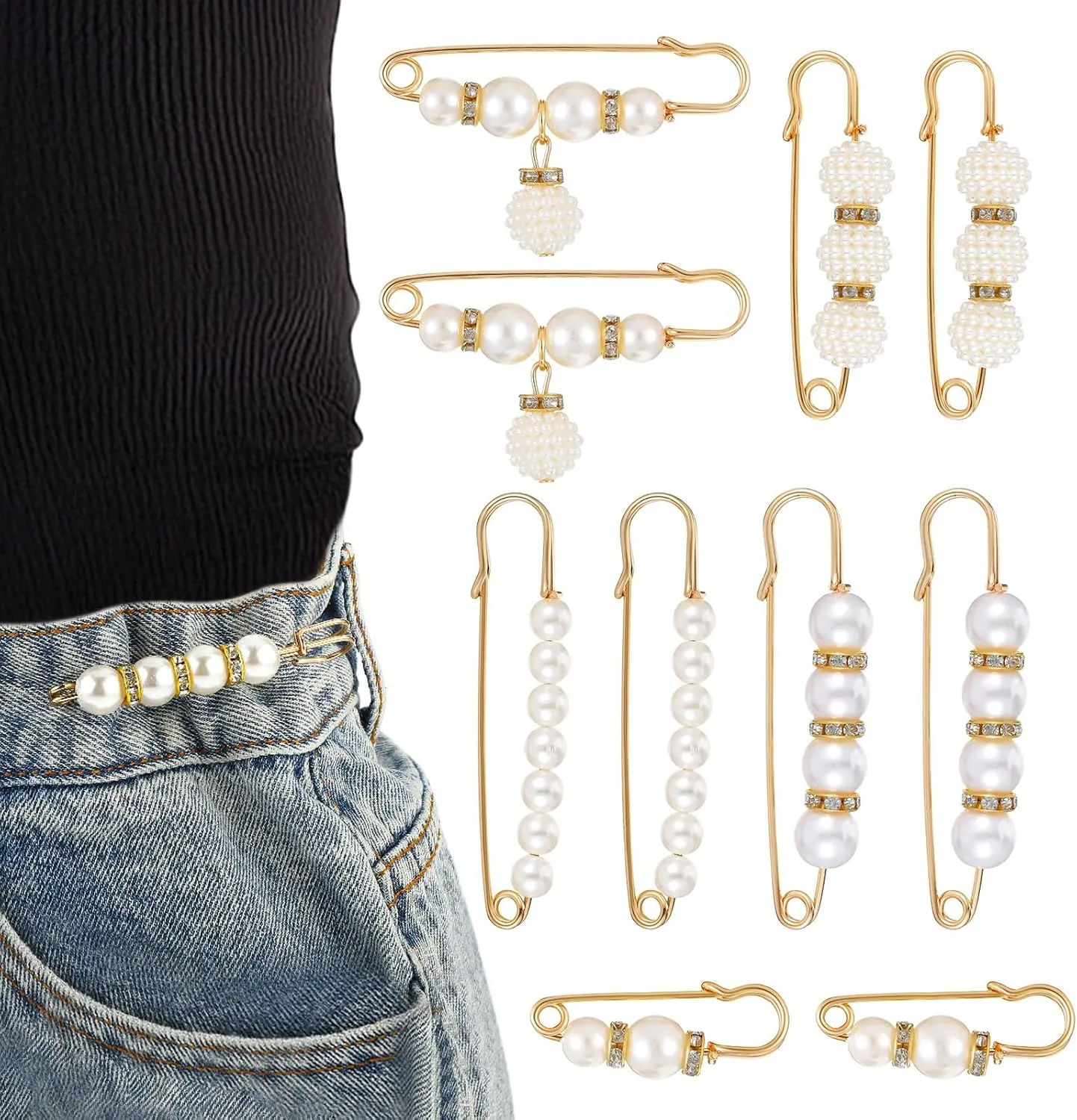 10 Pcs Pearl Brooch Pins Sweater Waist Tightener Pins Safety Pins for Clothes Dress Pants Skirt Cardigan Jeans Waist Women Decoration Accessories