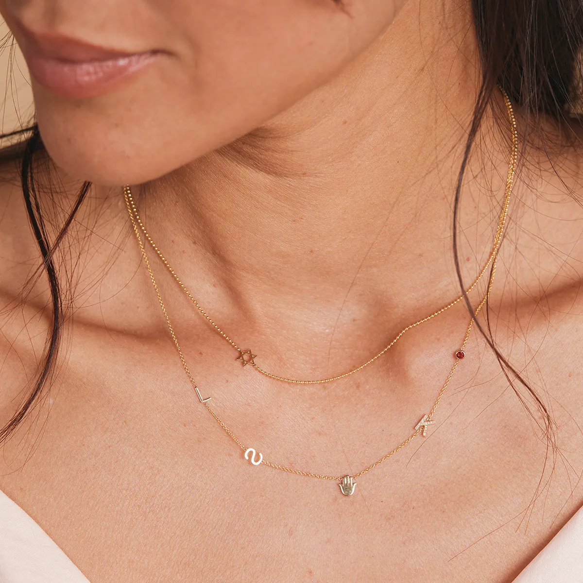 14K GOLD ASYMMETRICAL CHARM NECKLACE - Star of David