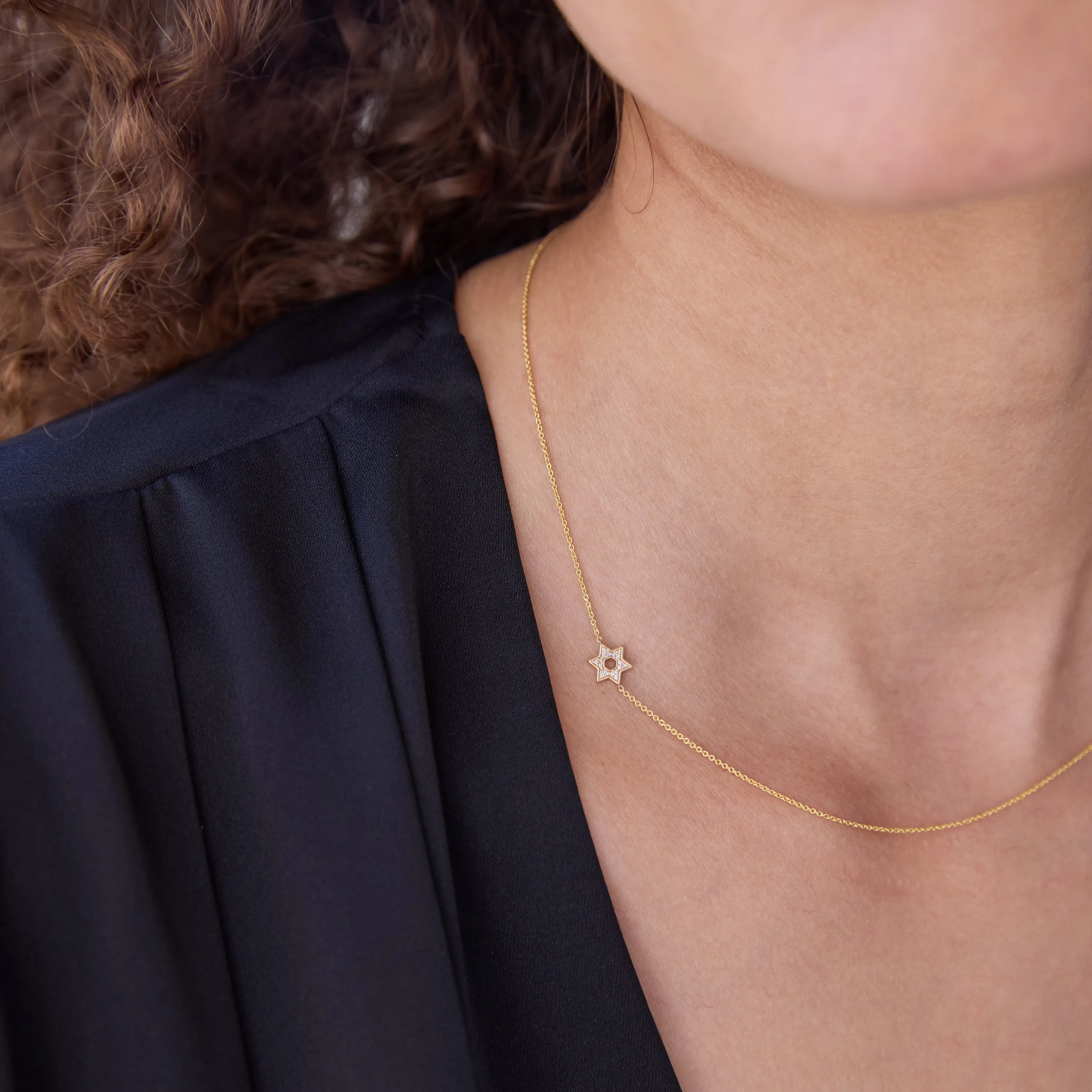 14K GOLD ASYMMETRICAL CHARM NECKLACE - Star of David