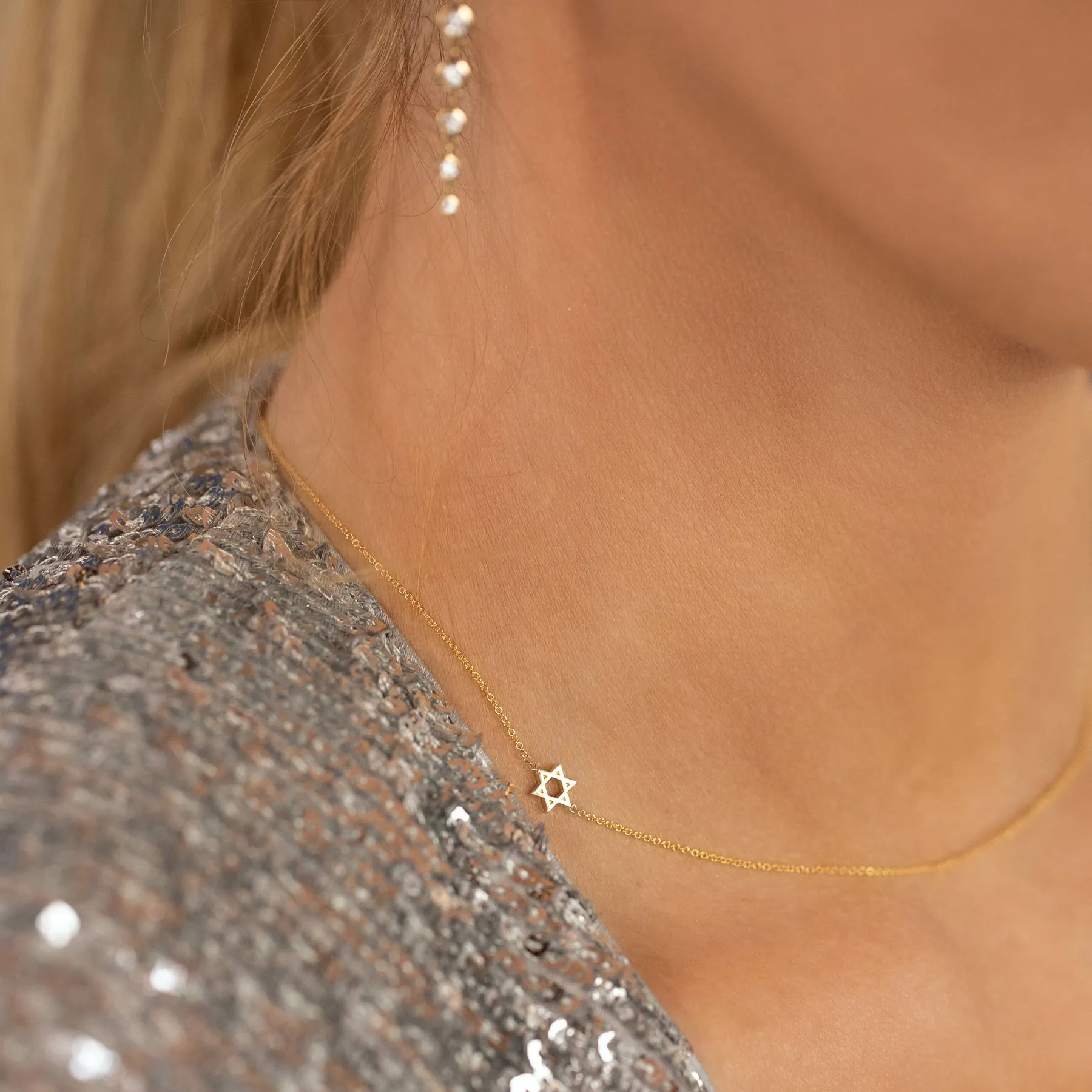 14K GOLD ASYMMETRICAL CHARM NECKLACE - Star of David