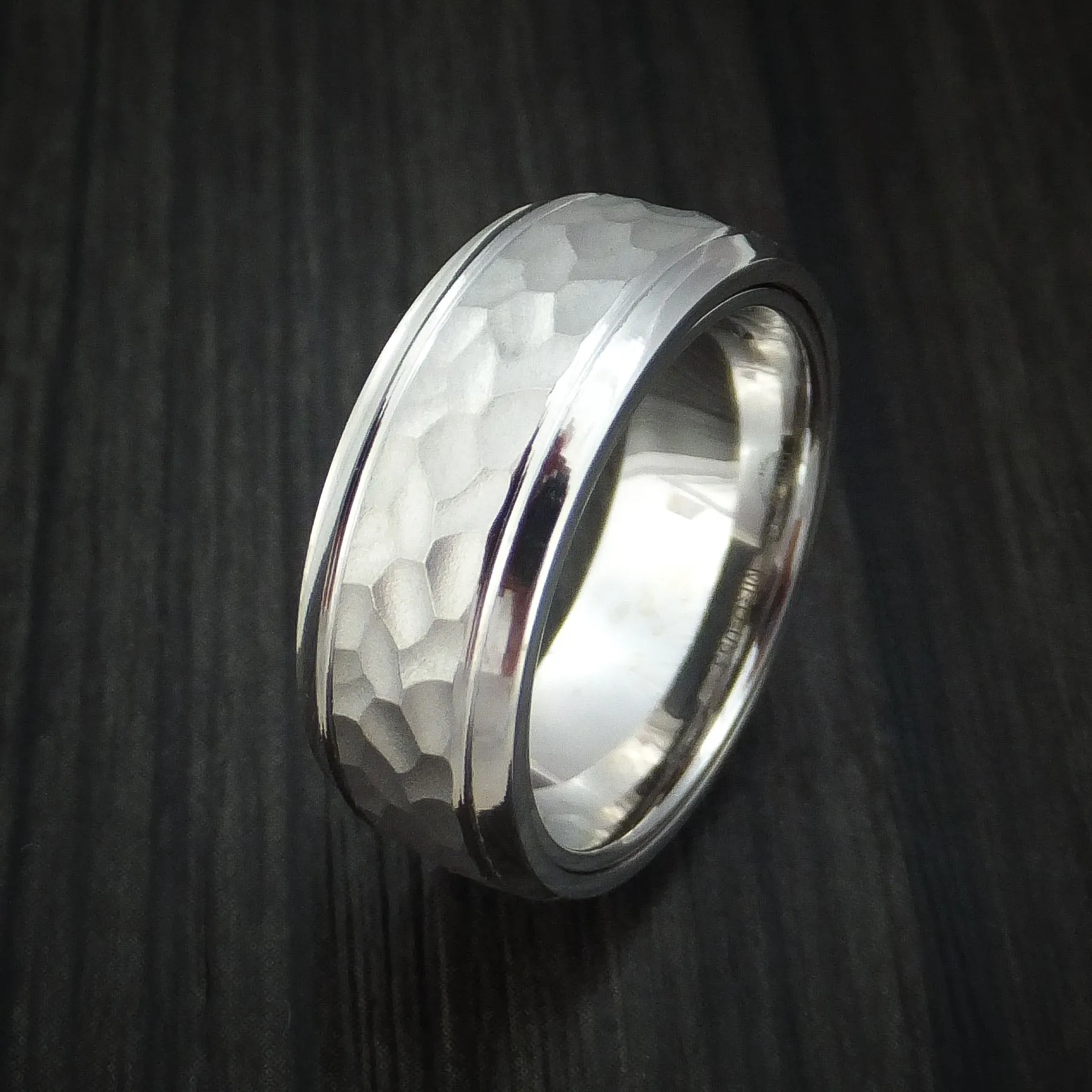 14K White Gold Hammered Men's Band with Hidden Message and Diamond Sleeve Custom Made