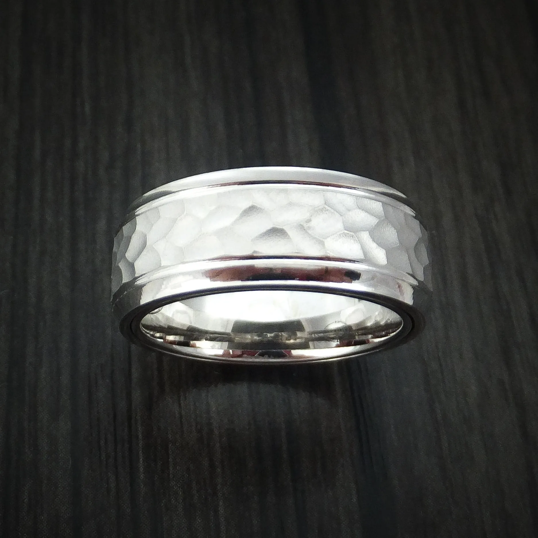 14K White Gold Hammered Men's Band with Hidden Message and Diamond Sleeve Custom Made