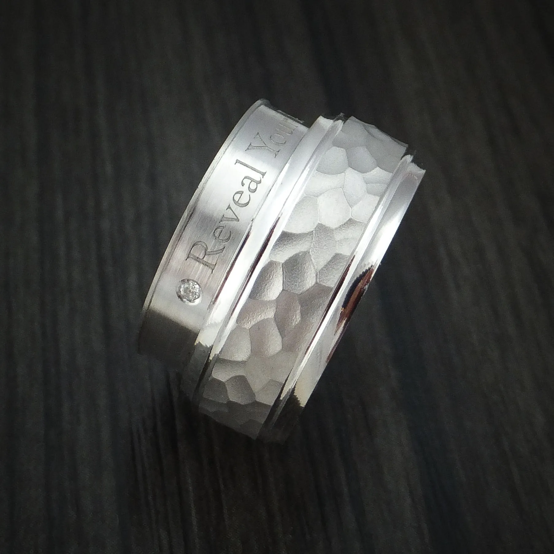 14K White Gold Hammered Men's Band with Hidden Message and Diamond Sleeve Custom Made