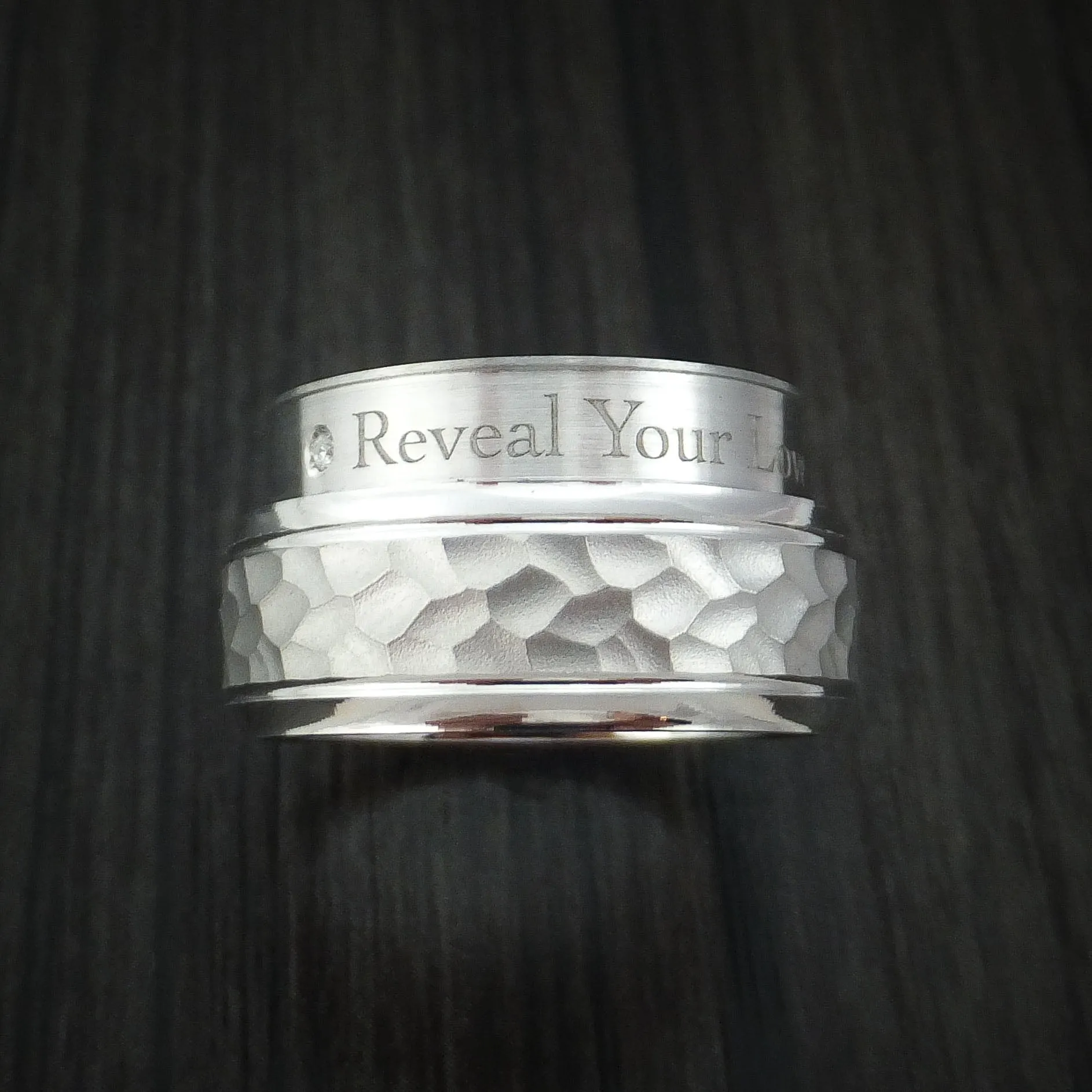 14K White Gold Hammered Men's Band with Hidden Message and Diamond Sleeve Custom Made
