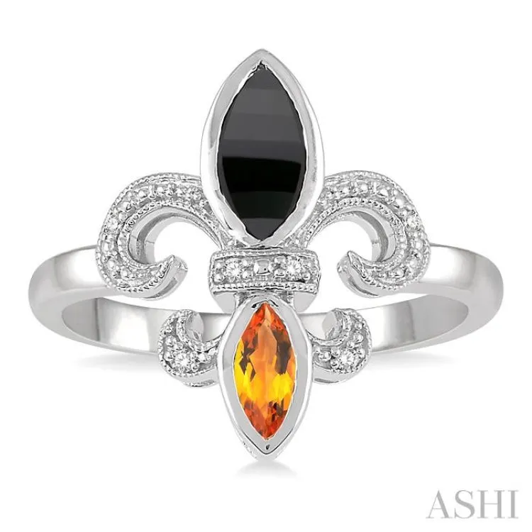 1/50 ctw Marquise Cut 8x4MM Onyx & 6X3MM Citrine Round Cut Diamond Fleur De Lis Ring in Sterling Silver