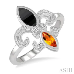 1/50 ctw Marquise Cut 8x4MM Onyx & 6X3MM Citrine Round Cut Diamond Fleur De Lis Ring in Sterling Silver