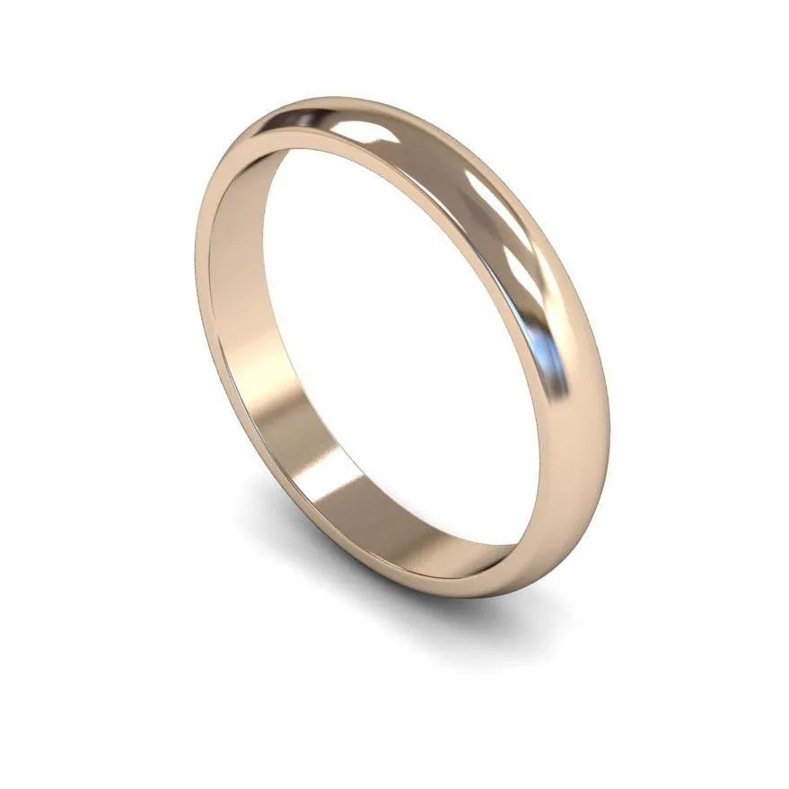 18ct Rose Gold Light Weight 'D' Shape 3mm Wedding Ring