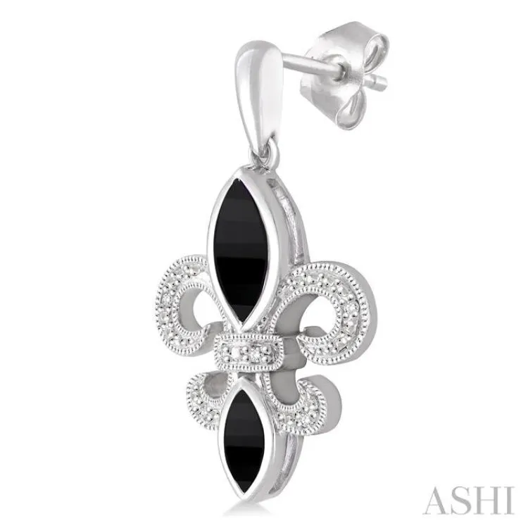 8x4 MM Marquise Cut Onyx, 6x3 MM Marquise Cut Onyx and 1/20 Ctw Round Cut Diamond Fleur de lis Earrings in Sterling Silver