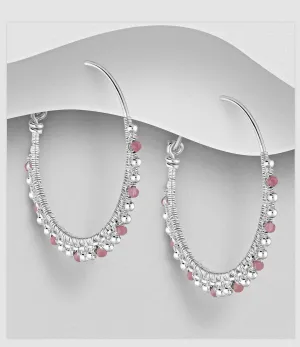 925 Sterling Silver Hoop Earrings with Pink Tourmaline - Large