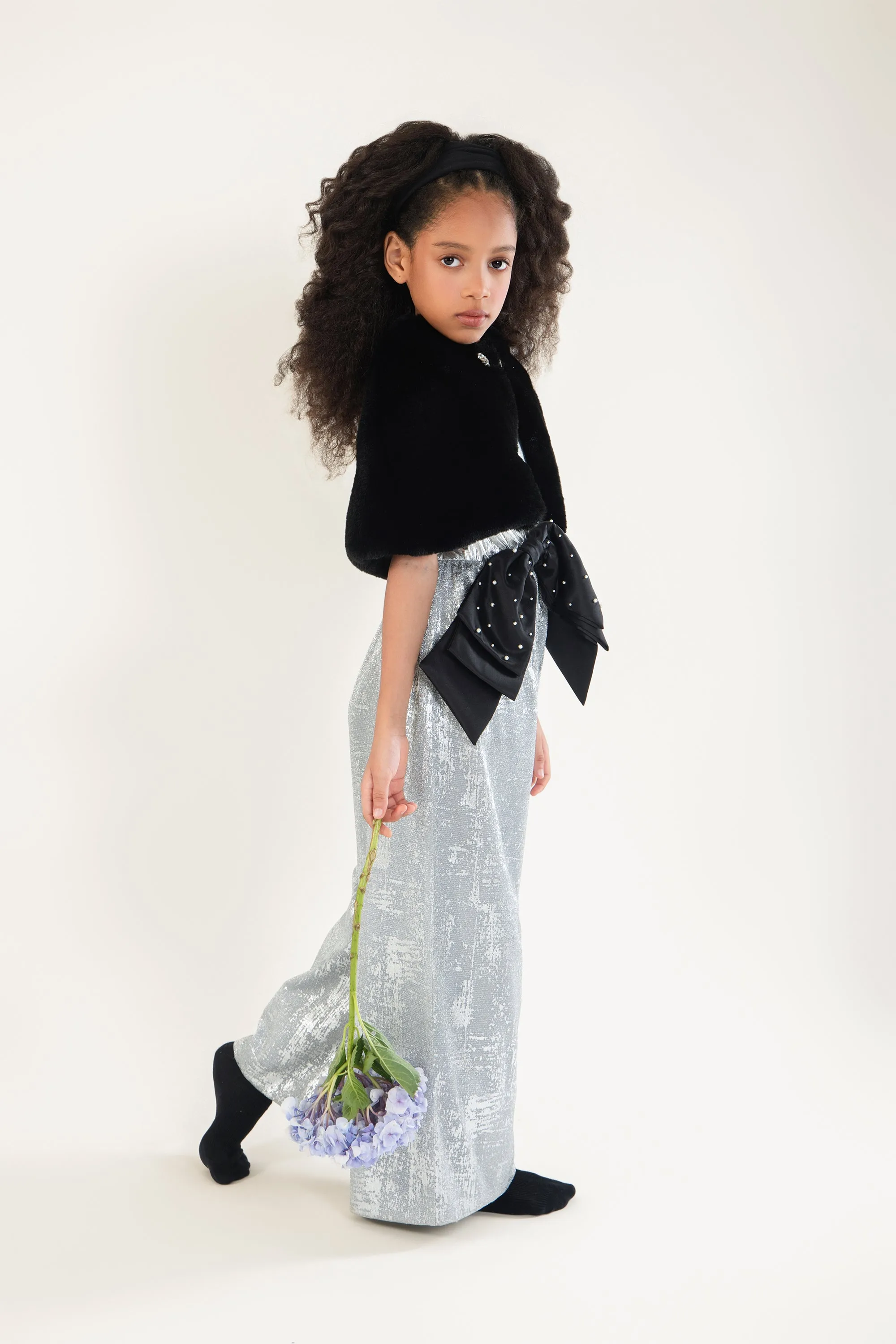 Black Fur Cape with Embellished Brooches