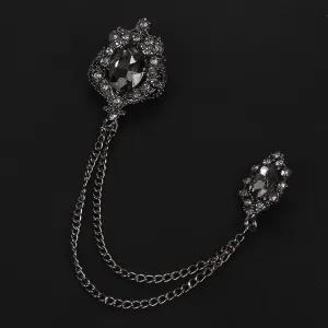 Black Gun Metal Men's Glittery Black Crystal Double Chain Brooch