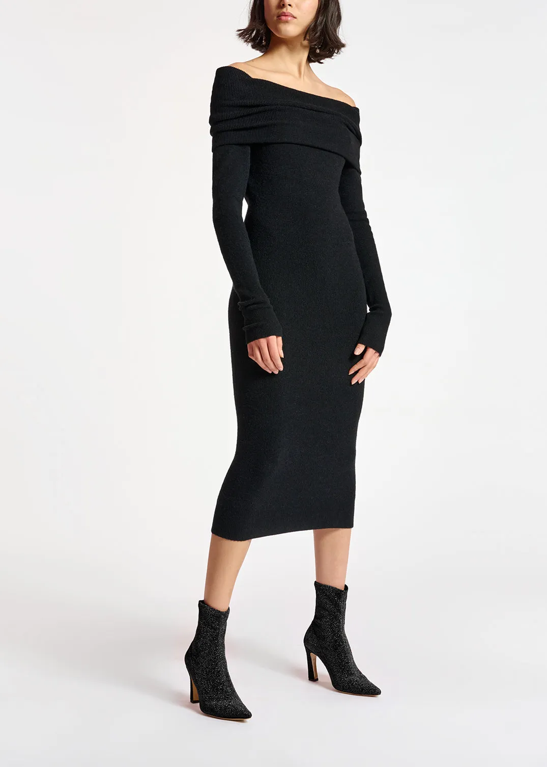 Black off-the-shoulder knit dress