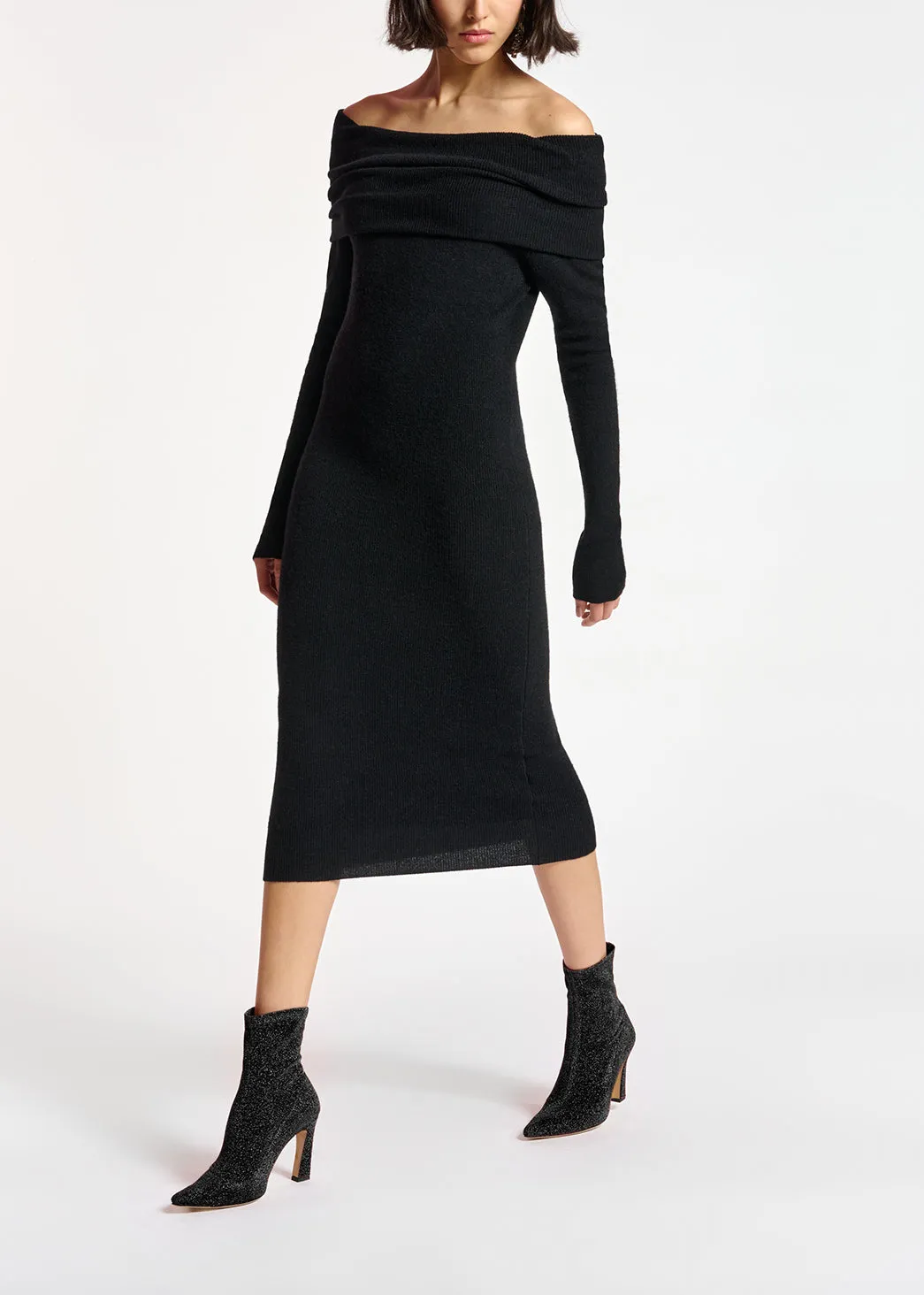 Black off-the-shoulder knit dress
