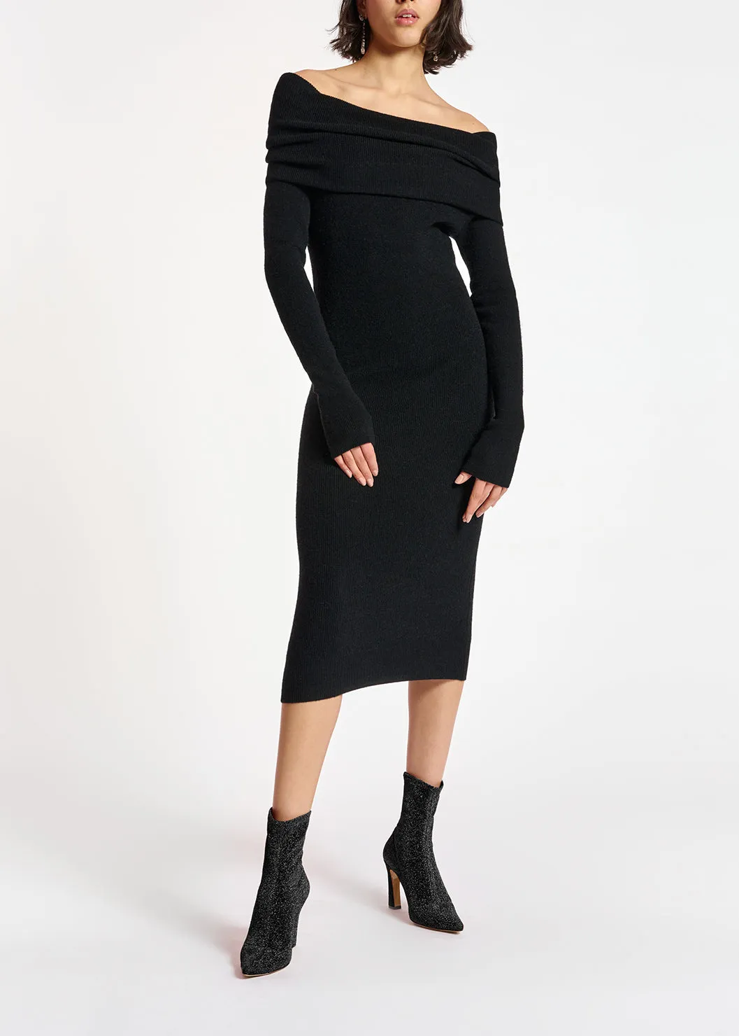Black off-the-shoulder knit dress
