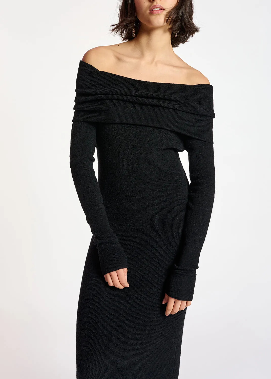 Black off-the-shoulder knit dress