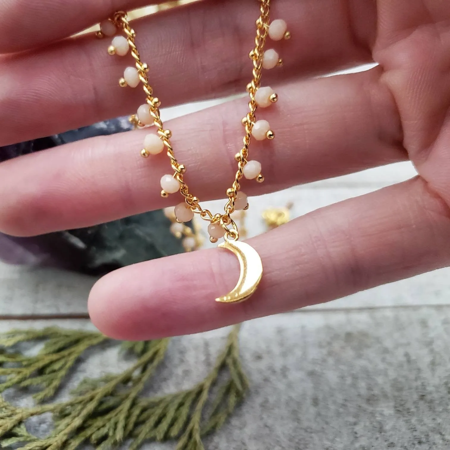 Brass moon beaded necklace