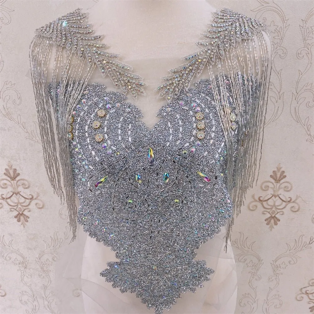 Bridal Wedding Party Rhinestone Crystal Beaded Sequin Glitter Full Body Sew On Patch Trim Applique / 11 COLOR DESIGNS