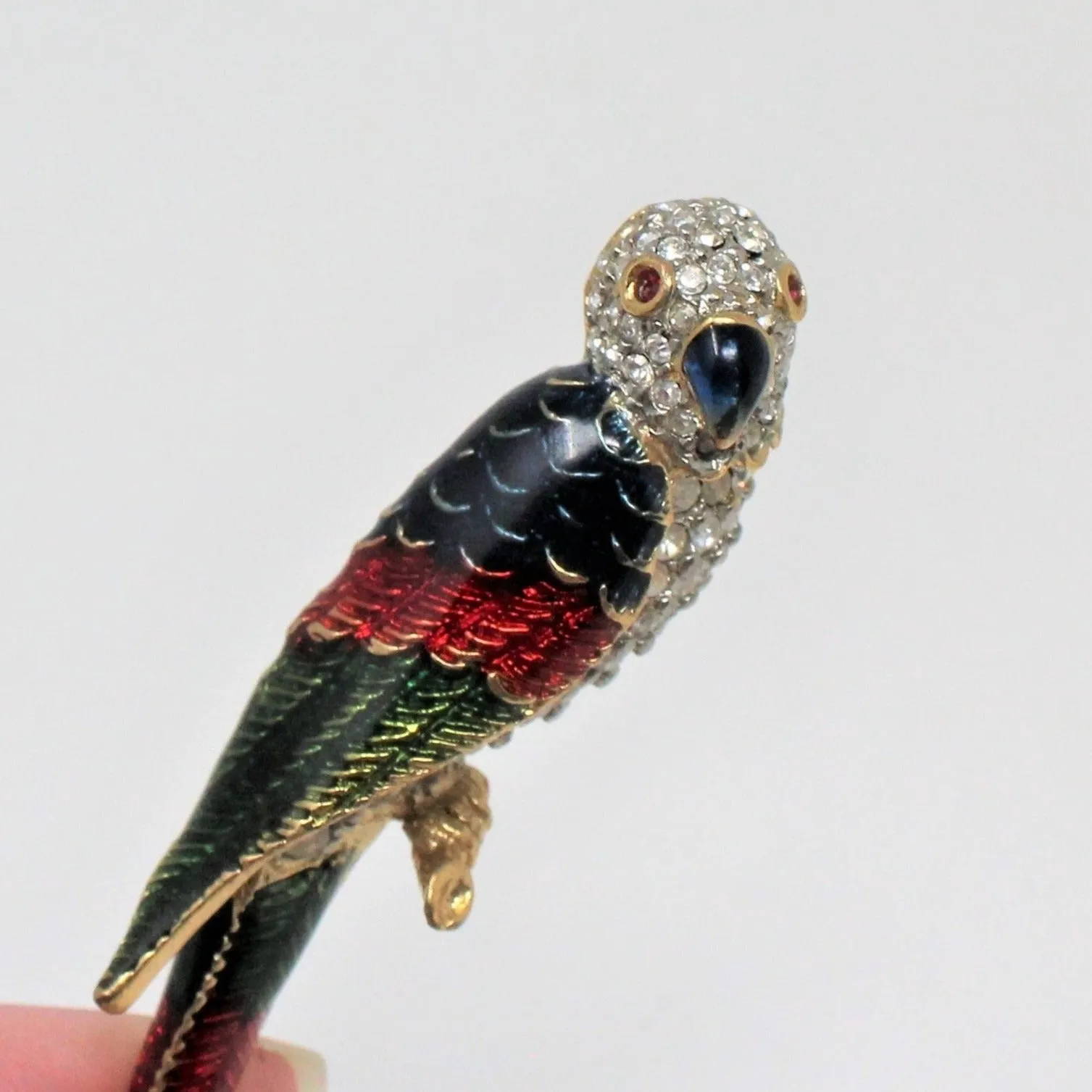 Brooch / Pin, Bird / Parrot, Blue, Red & Green Enamel with Rhinestones, Vintage, SOLD