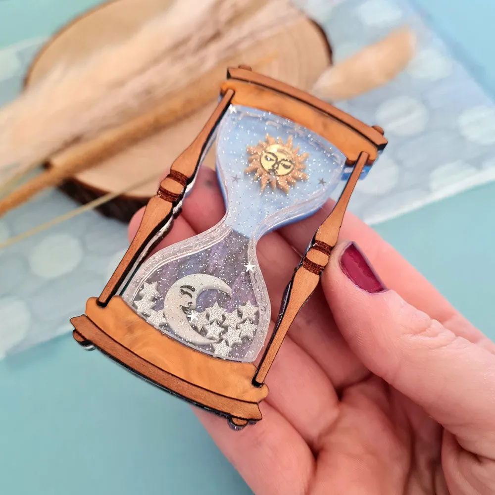 Celestial Sun And Moon Hourglass Brooch by Cherryloco