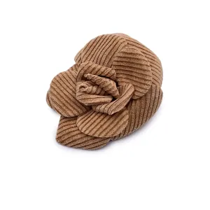 Chanel Vintage Beige Corduroy Camelia Camellia Flower Brooch Pin