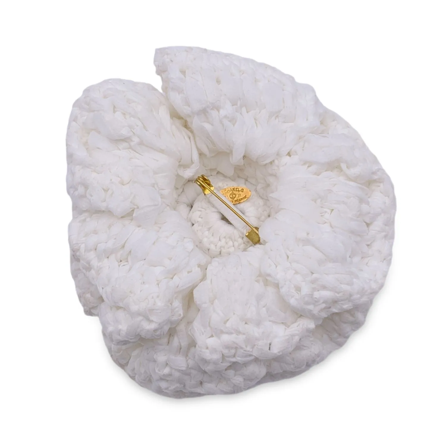 Chanel White Crochet Camellia Camelia Flower Brooch Pin