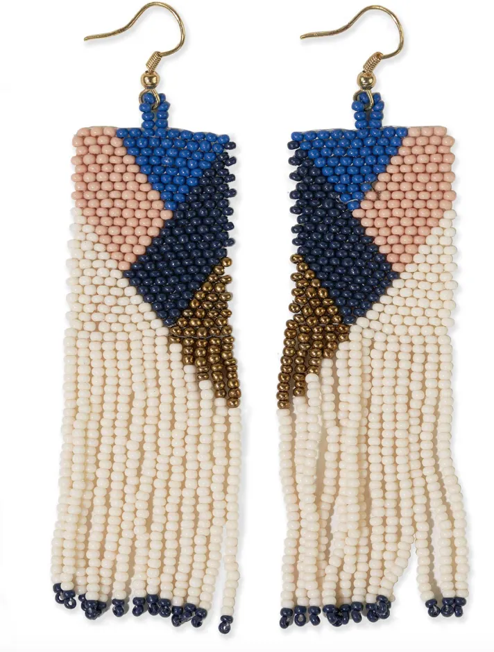 CHARLOTTE Angled Beaded Fringe Navy Earrings