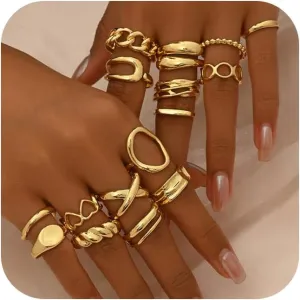 Chunky Gold Stackable Rings Set for Women,Vintage Knuckle Rings Dainty Hollow Carved Joint Finger Midi Rings Pack Adjustable Signet Rings Jewelry Mixed Size