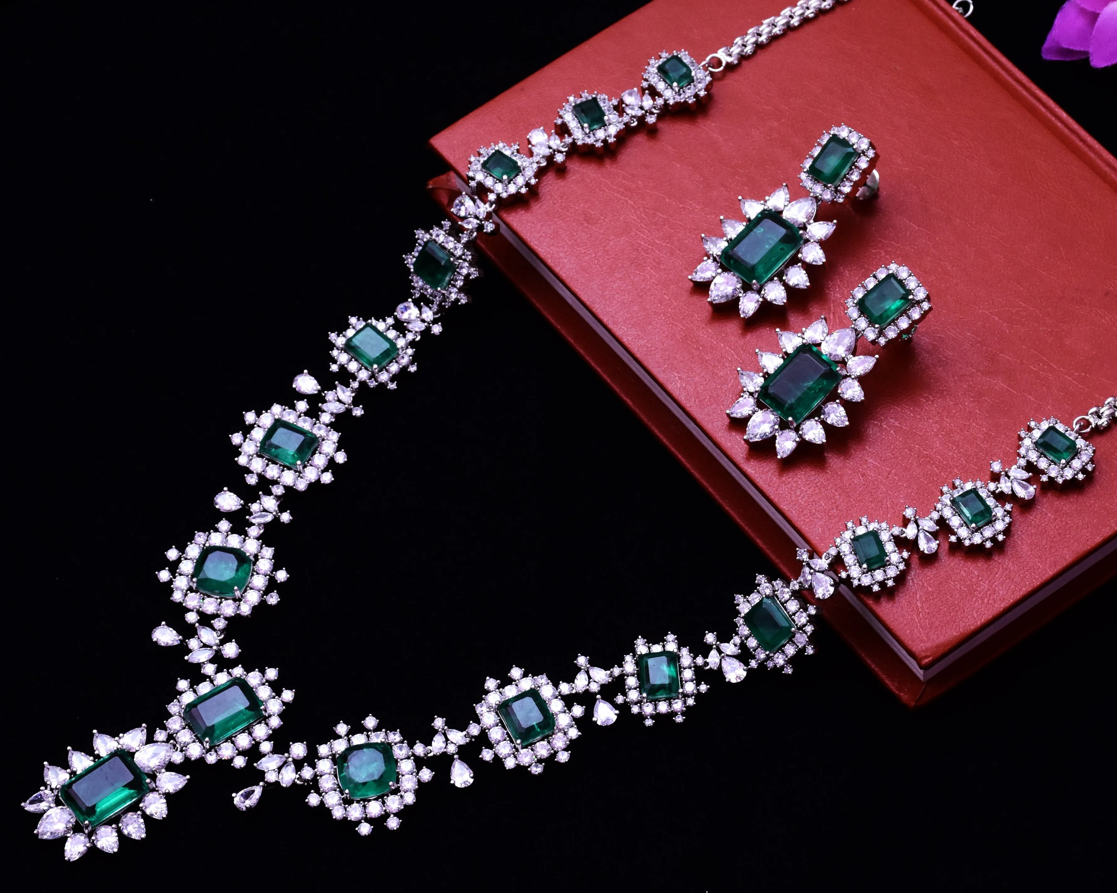 Designer Semi-Precious American Diamond & Emerald Necklace with Earrings (D691)