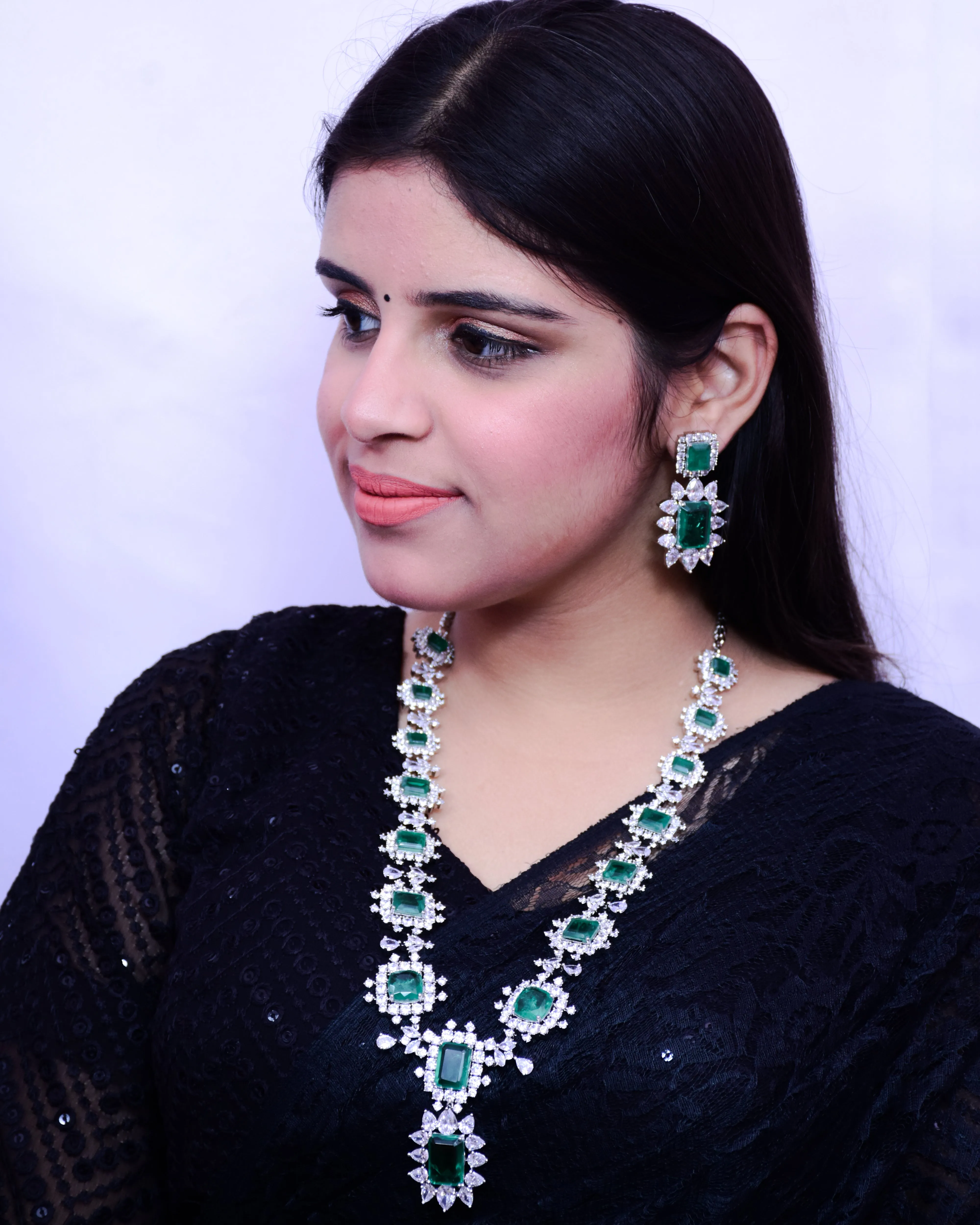 Designer Semi-Precious American Diamond & Emerald Necklace with Earrings (D691)