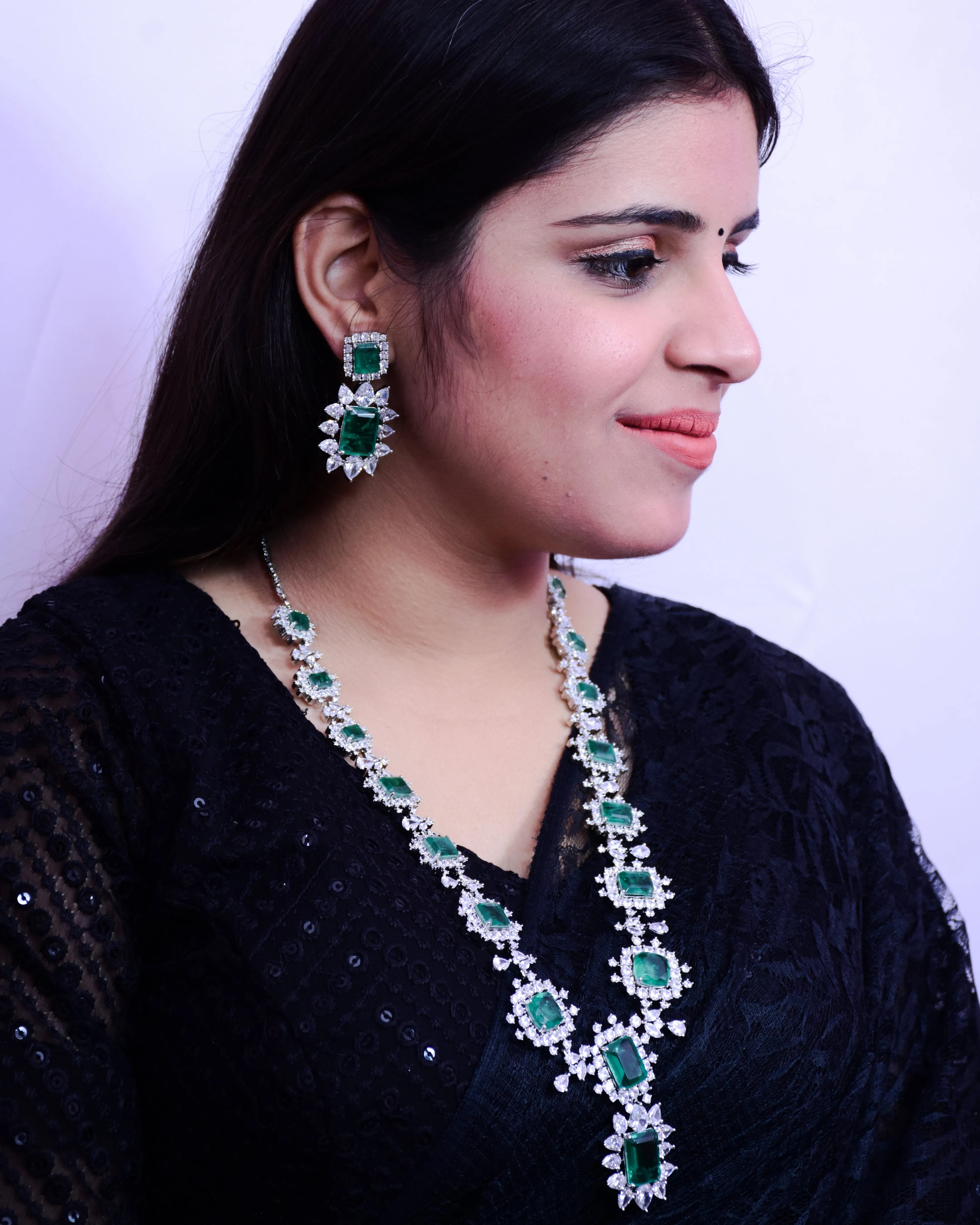 Designer Semi-Precious American Diamond & Emerald Necklace with Earrings (D691)