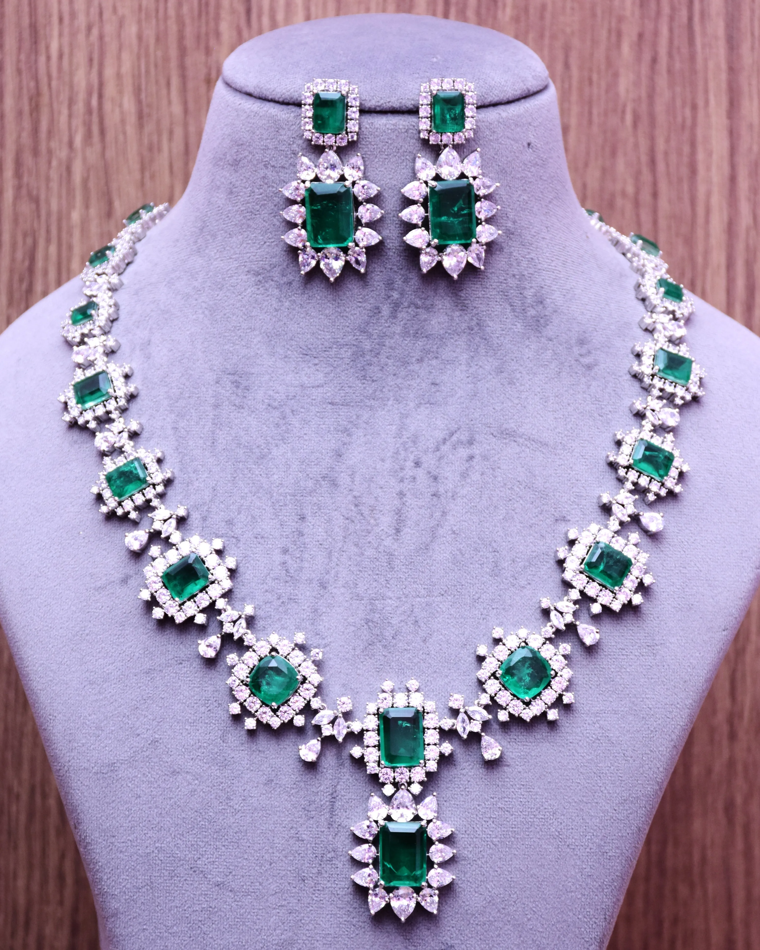 Designer Semi-Precious American Diamond & Emerald Necklace with Earrings (D691)