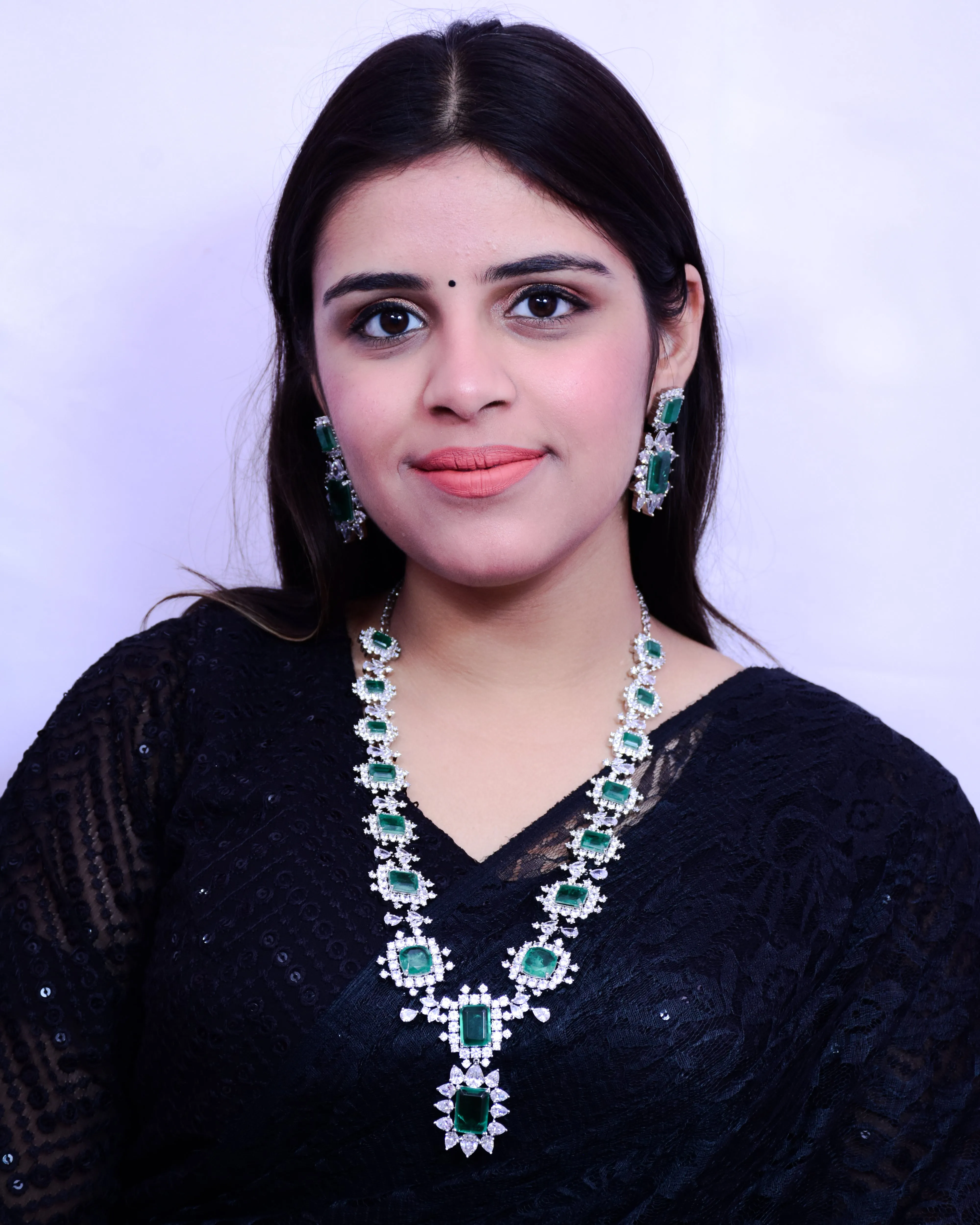 Designer Semi-Precious American Diamond & Emerald Necklace with Earrings (D691)
