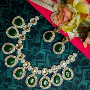 Designer Semi-Precious American Diamond & Emerald Necklace with Earrings (D720)