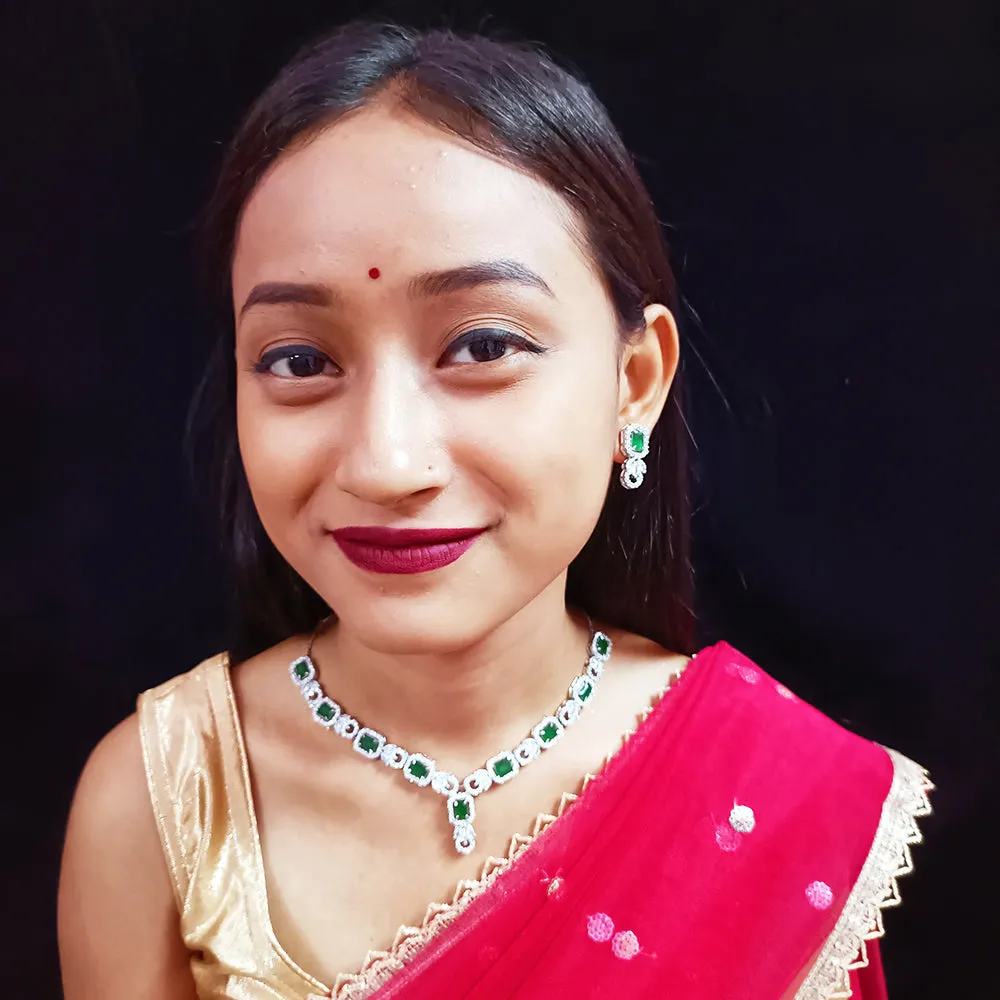 Designer Semi-Precious American Diamond & Green Emerald  Necklace with Earrings (D326)