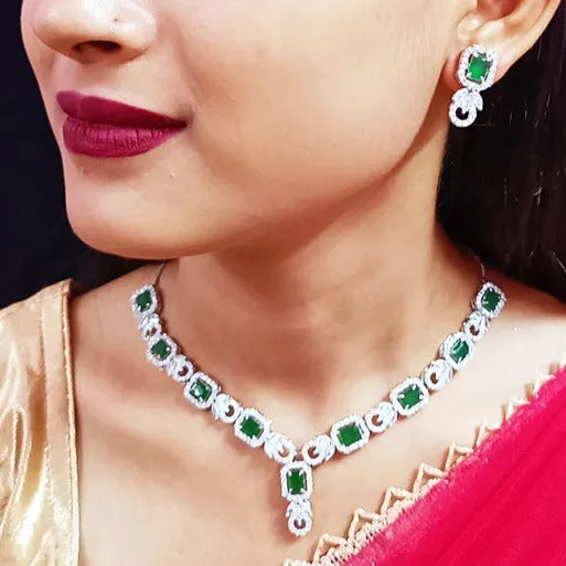 Designer Semi-Precious American Diamond & Green Emerald  Necklace with Earrings (D326)