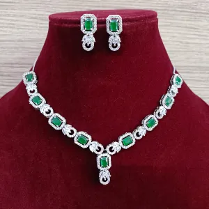 Designer Semi-Precious American Diamond & Green Emerald  Necklace with Earrings (D326)