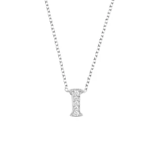Diamond Initial Letter Pendant Necklace Silver I