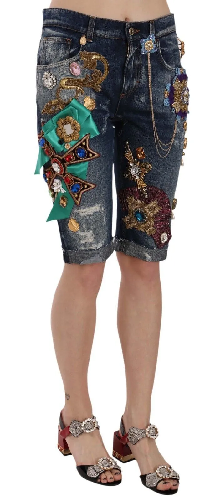 Dolce & Gabbana Blue Denim Mid Waist Crystal Capri Shorts