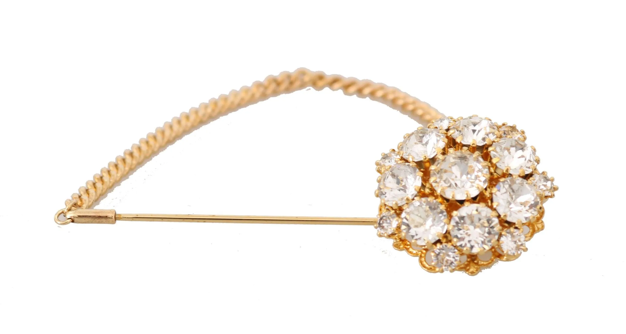 Dolce & Gabbana Gold Brass Clear Crystal Chain Pin Women Brooch
