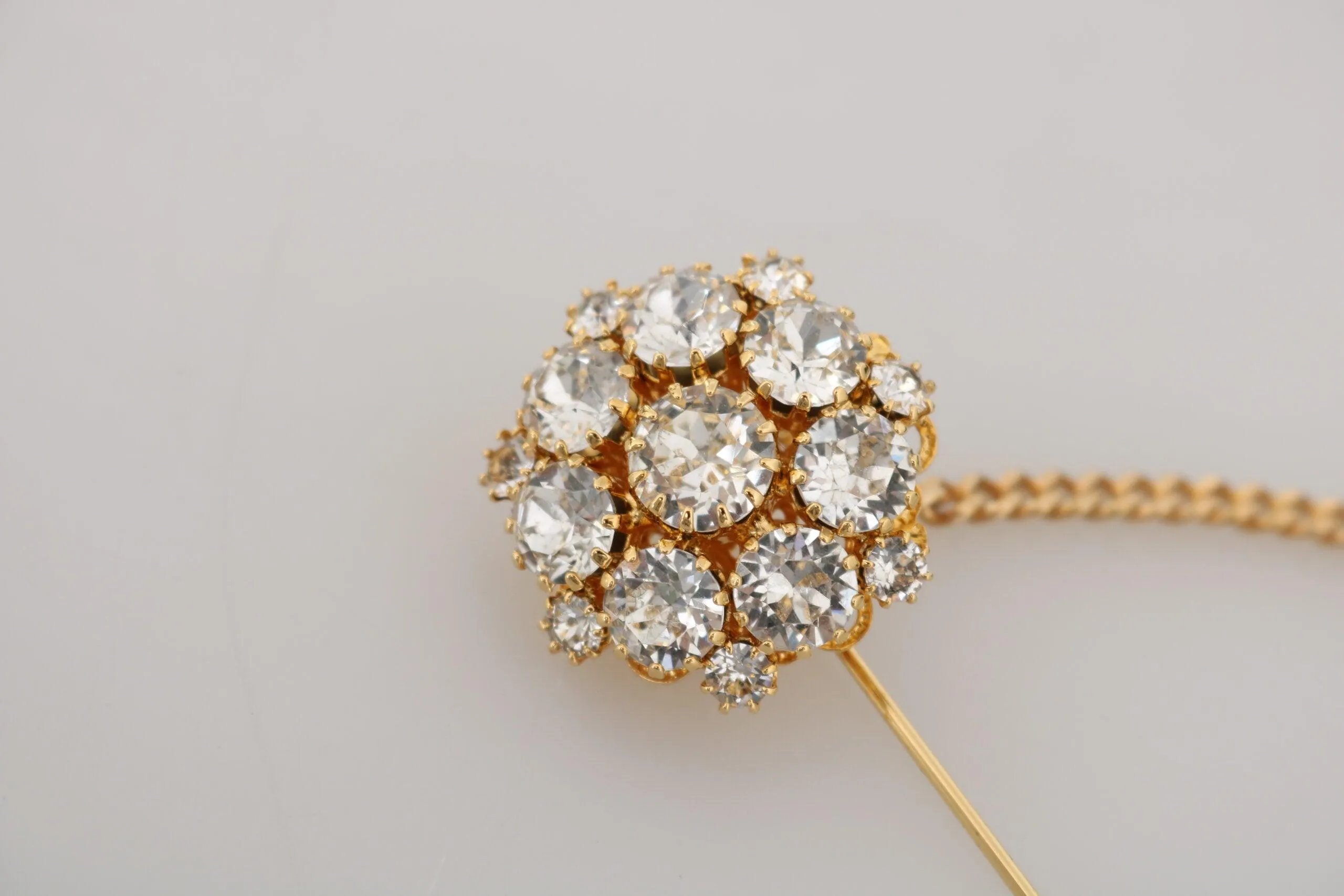 Dolce & Gabbana Gold Brass Clear Crystal Chain Pin Women Brooch