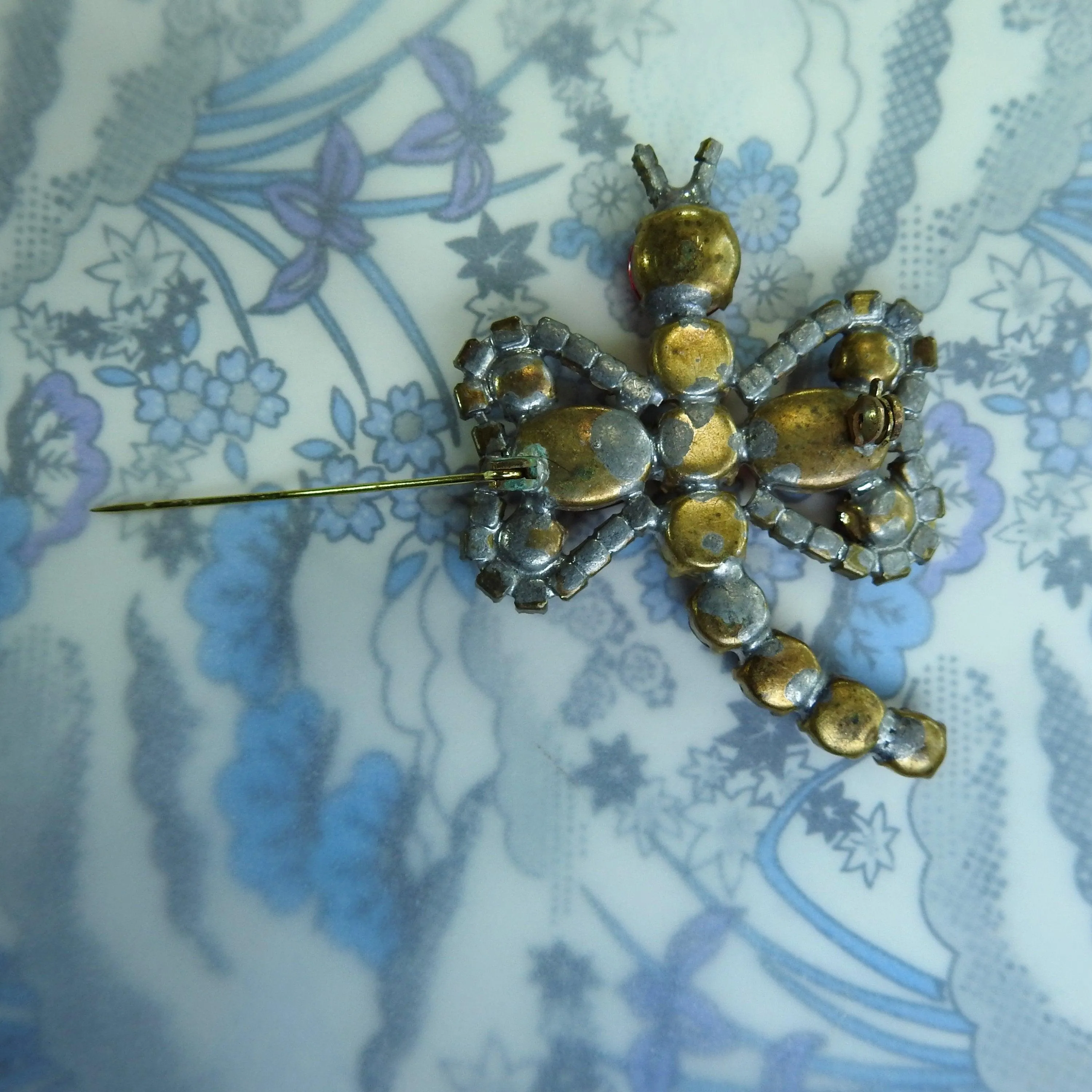 Dragonfly brooch with red shiny Czech glass