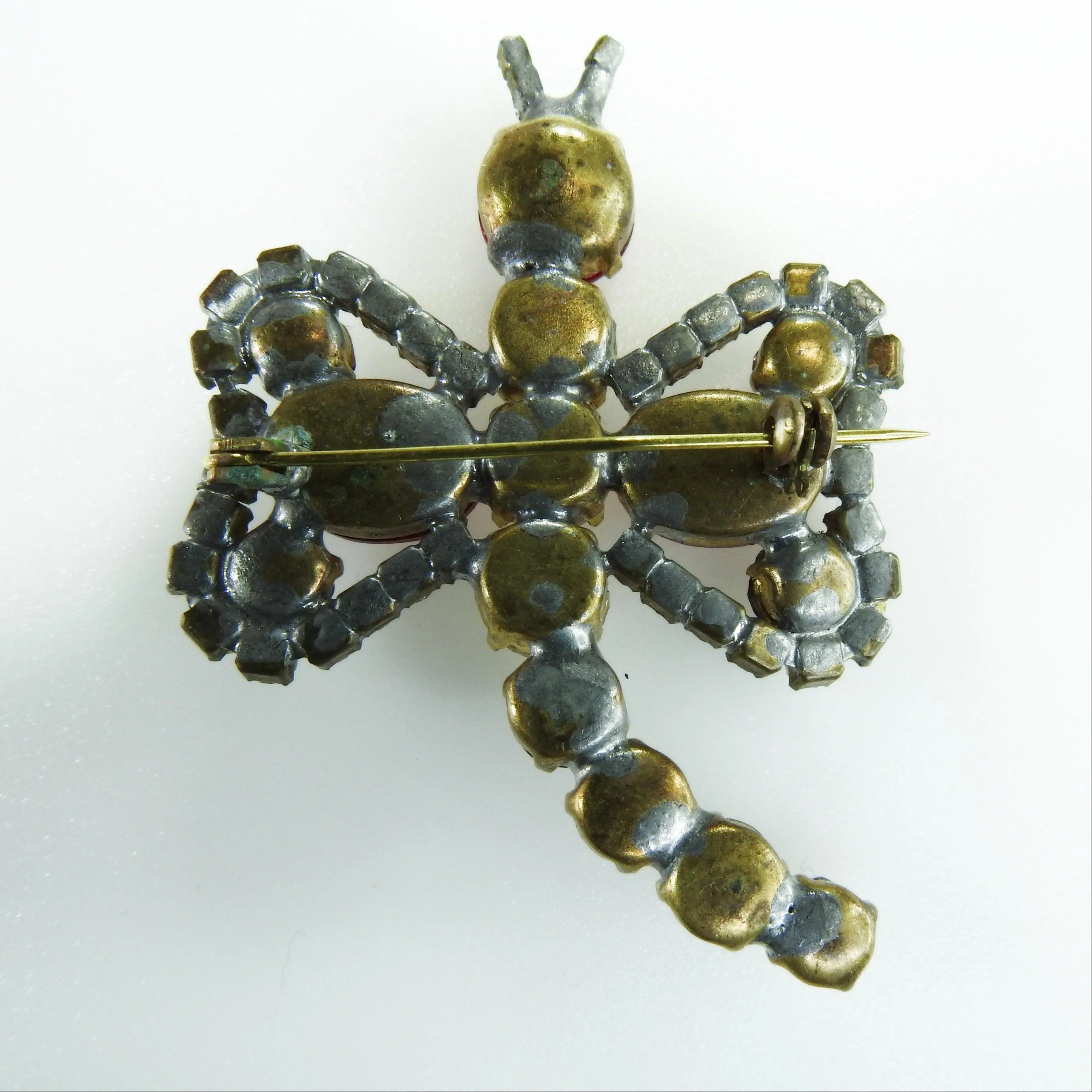 Dragonfly brooch with red shiny Czech glass