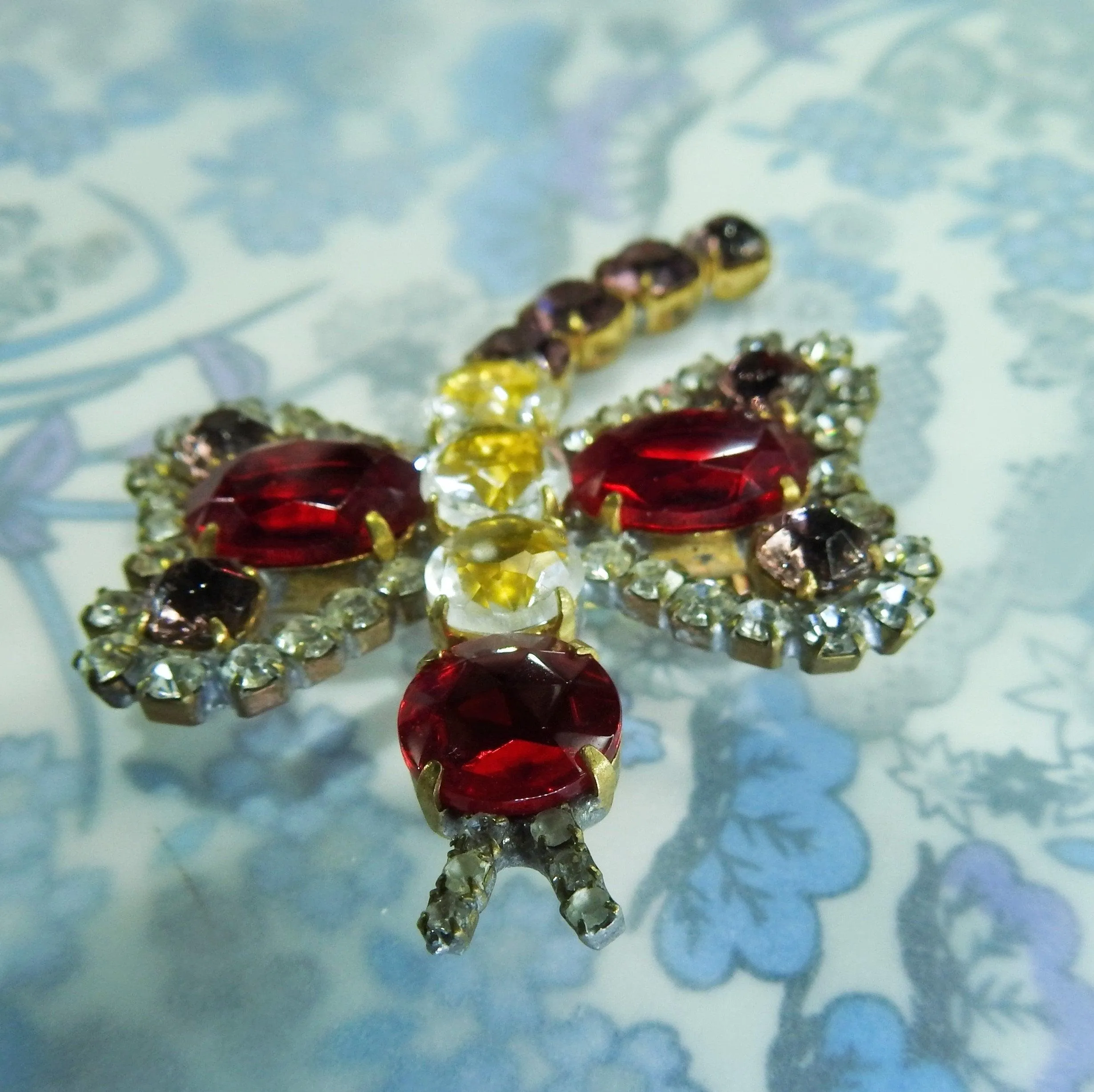 Dragonfly brooch with red shiny Czech glass
