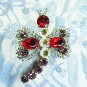 Dragonfly brooch with red shiny Czech glass