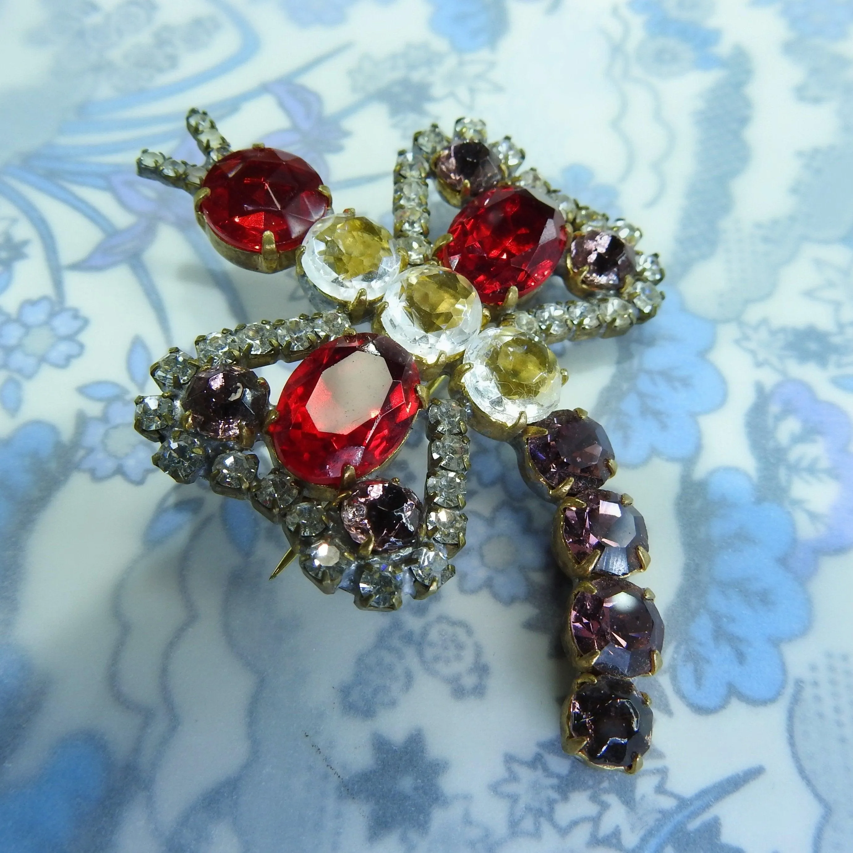 Dragonfly brooch with red shiny Czech glass