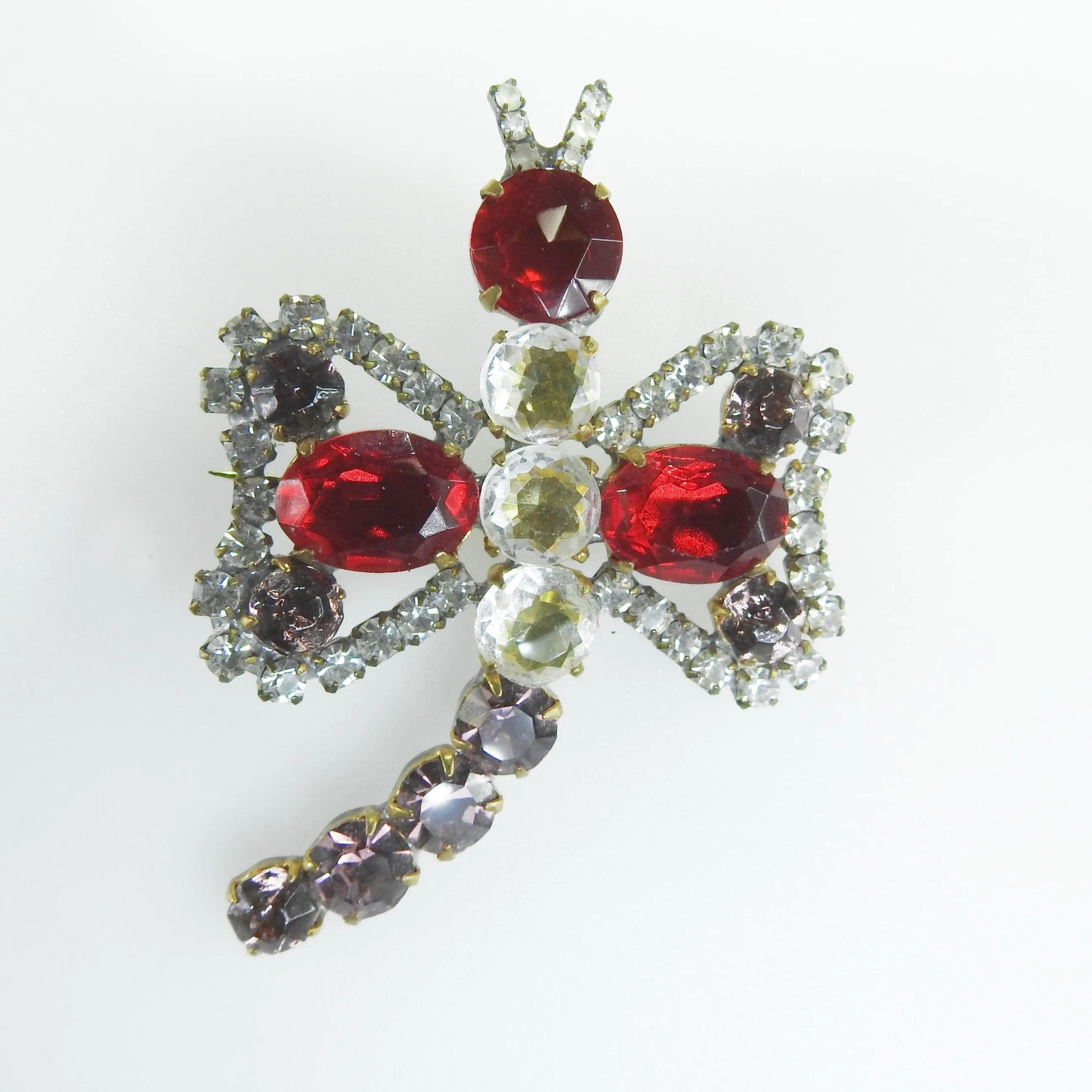 Dragonfly brooch with red shiny Czech glass
