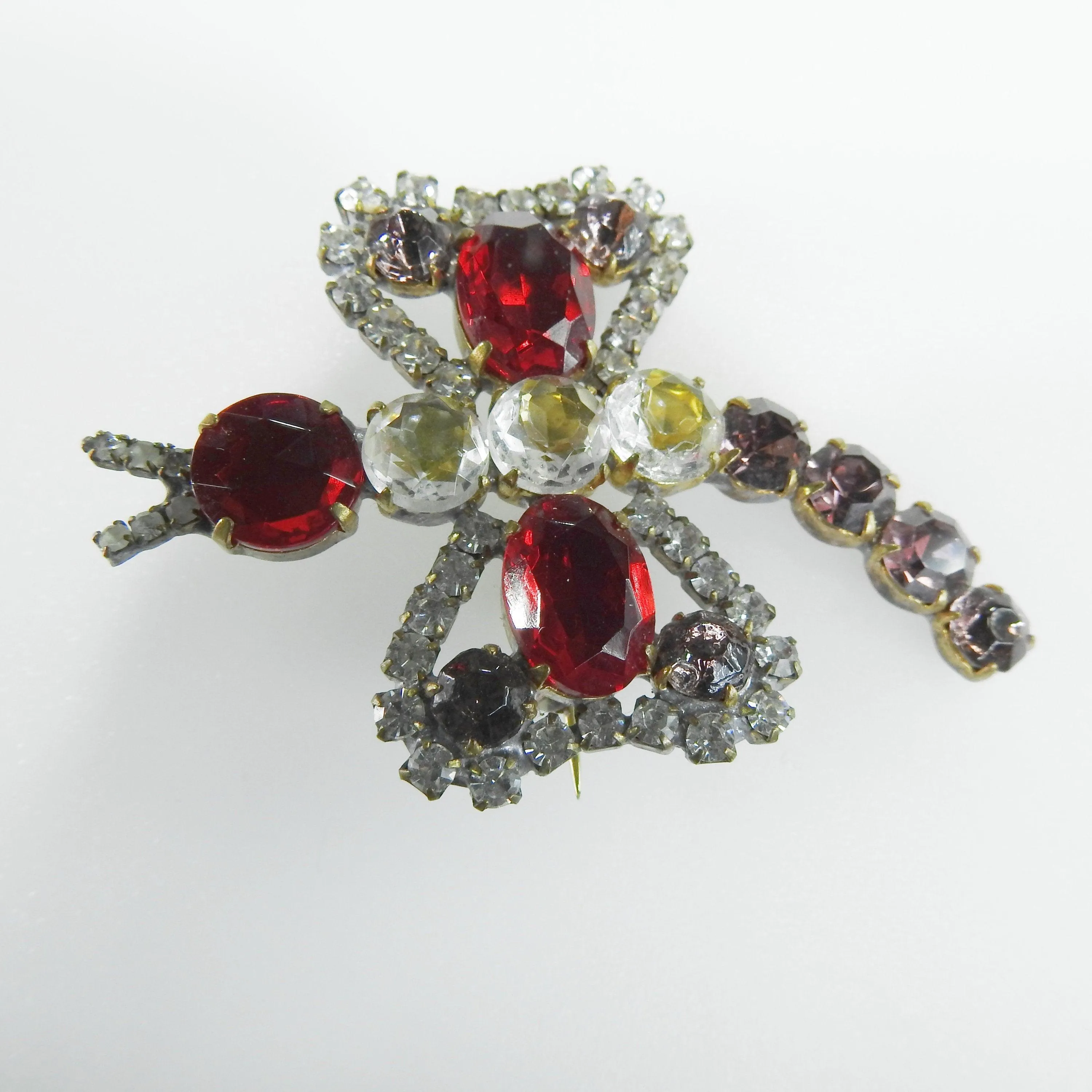 Dragonfly brooch with red shiny Czech glass
