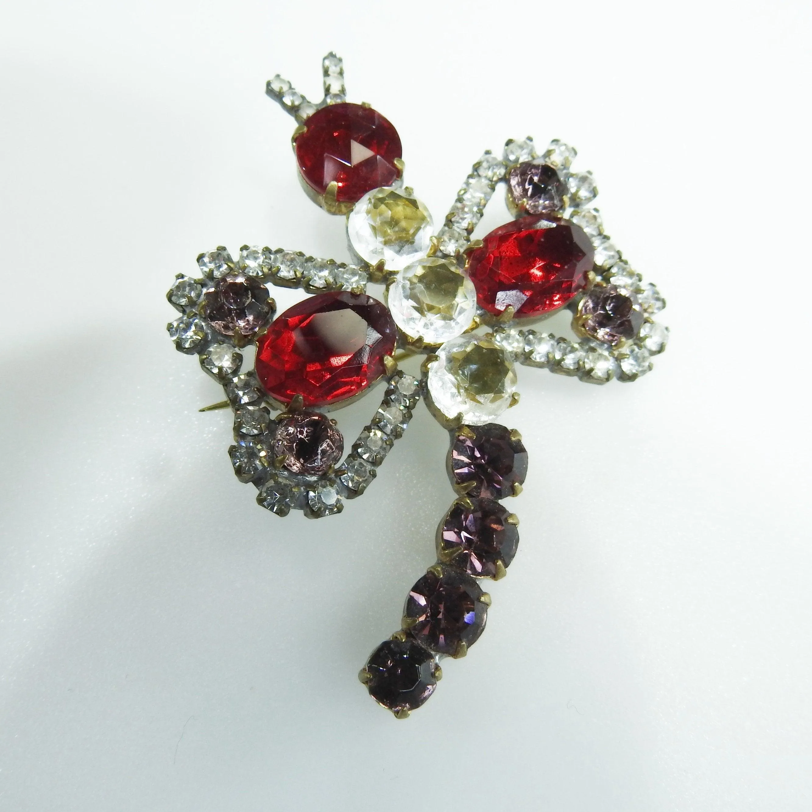 Dragonfly brooch with red shiny Czech glass