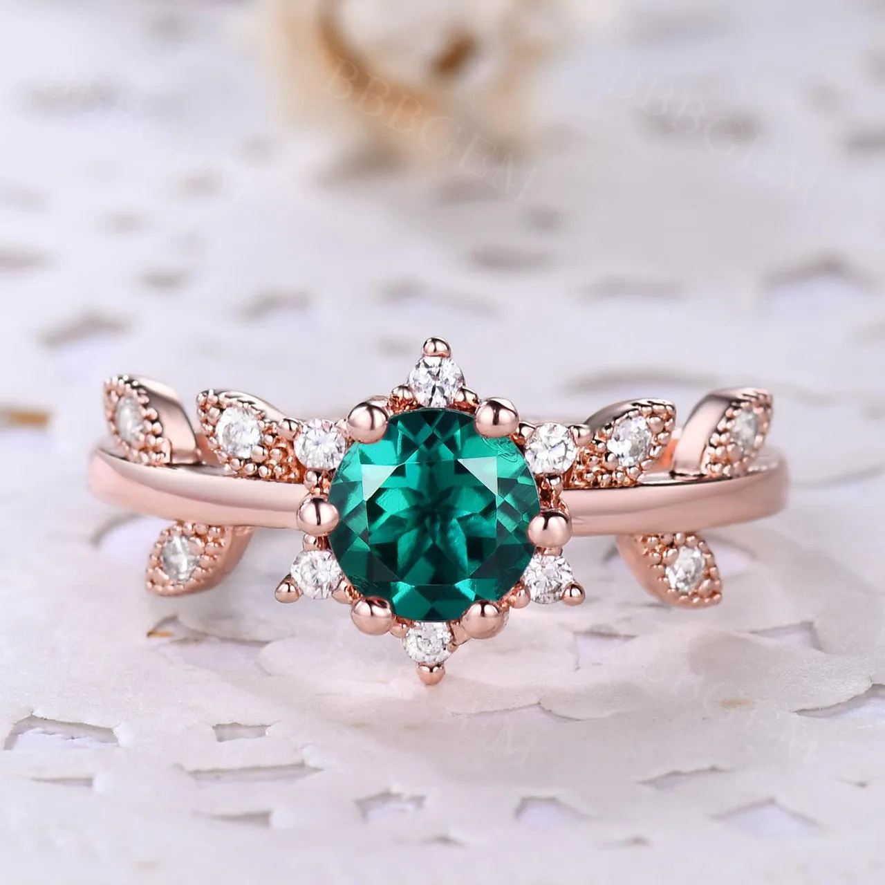 Emerald Leaf Engagement Rings for Women Green Emerald Leaves Ring Anniversary
