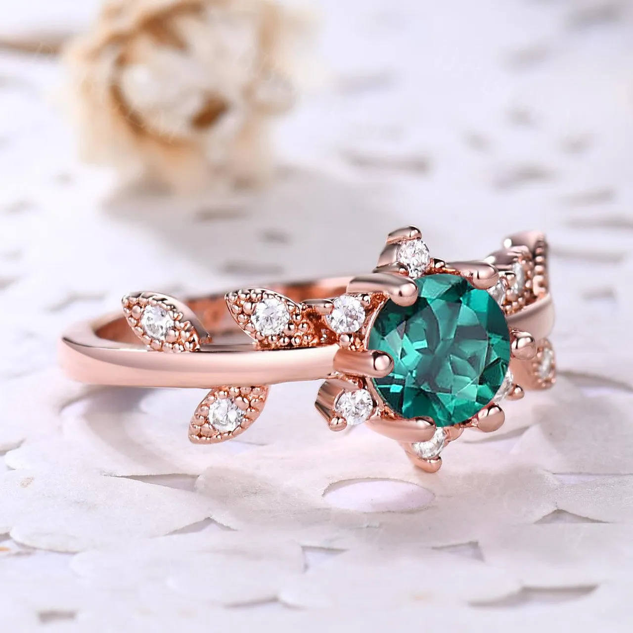 Emerald Leaf Engagement Rings for Women Green Emerald Leaves Ring Anniversary